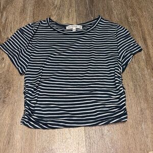 Blue and White Ruched Crop T-Shirt